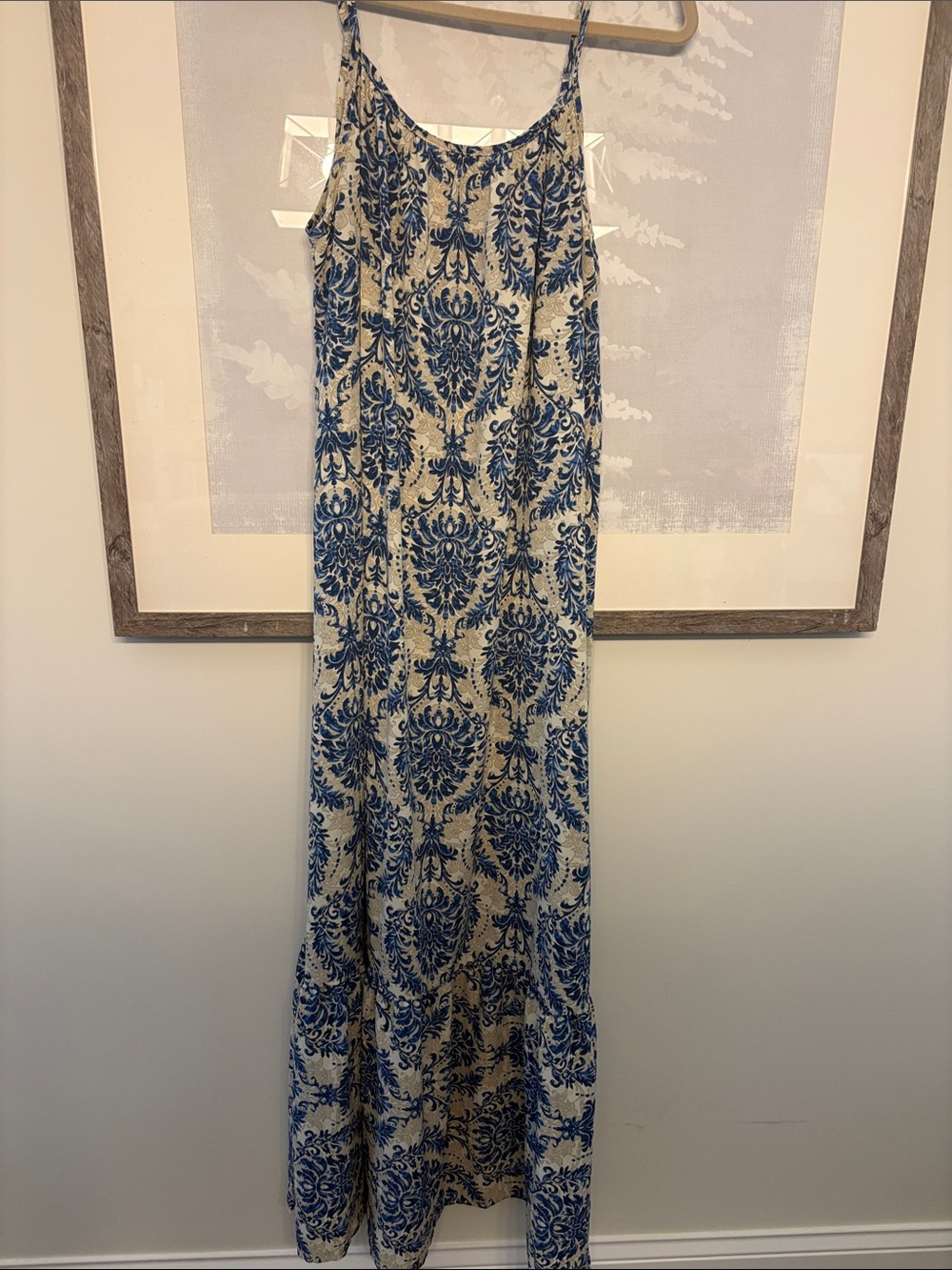 Blue and Cream Printed Spaghetti-Strap Maxi Dress